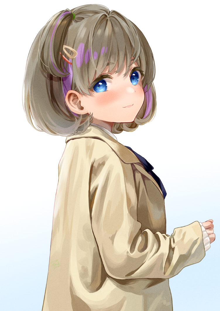 1girl, beige_jacket, beige_sweater, brown_hair, eyebrows_behind_hair, gradient, gradient_background, hair_behind_ear