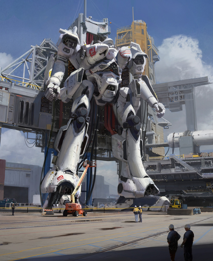 6+boys, armored_core, clenched_hands, forklift, ground_vehicle, hardhat, helmet, highres