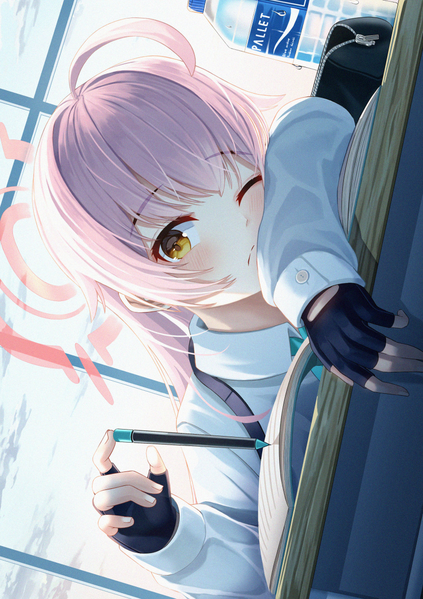 1girl, absurdres, ahoge, bangs, black_gloves, blue_archive, blue_necktie, blush
