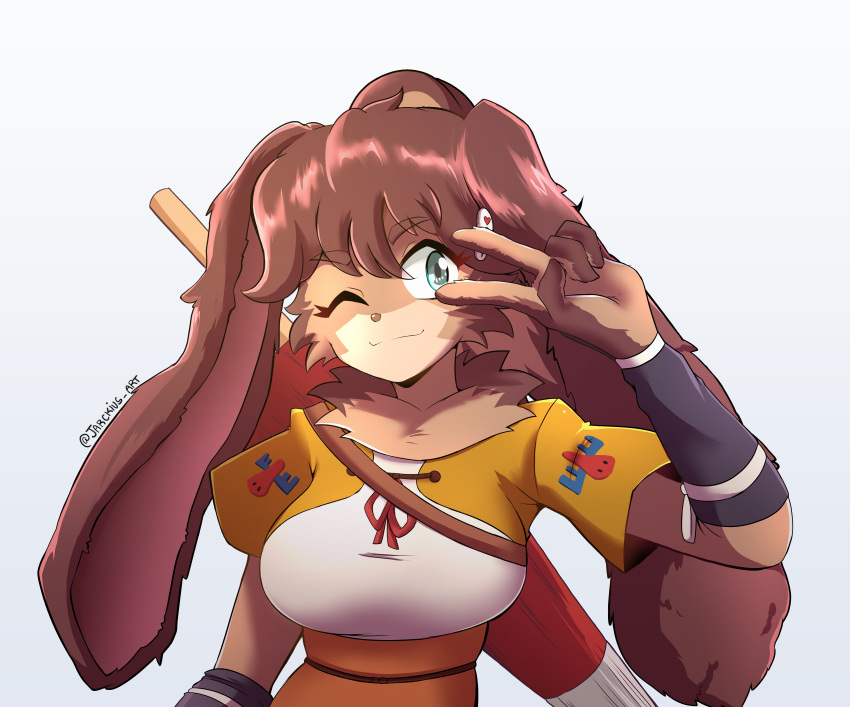 1girl, absurdres, alien, animal_ears, arm_guards, bangs, blue_eyes, breasts, eyebrows_visible_through_hair, furry, furry_female, head_tilt, highres, jarckius, lop_(star_wars), medium_breasts, obi, one_eye_closed, rabbit_ears, rabbit_girl, sash, smile, solo, star_wars, star_wars:_visions, umbrella, v