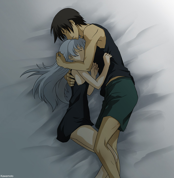 1girl, black_hair, chemise, chin_rest, closed_eyes, clothes_grab, couple, darker_than_black, hand_behind_head, hand_on_head, hei, holding, hug, kawamoto, kawamoto_renge, legs, long_hair, lying, on_side, shorts, silver_hair, sleeping, sleeveless, yin