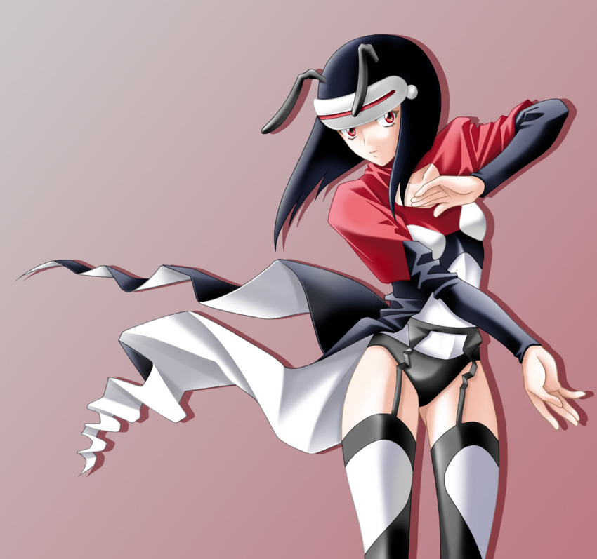 black_hair, ghost_sweeper_mikami, highres, luciola, red_eyes, tamamon, thighhighs, visor