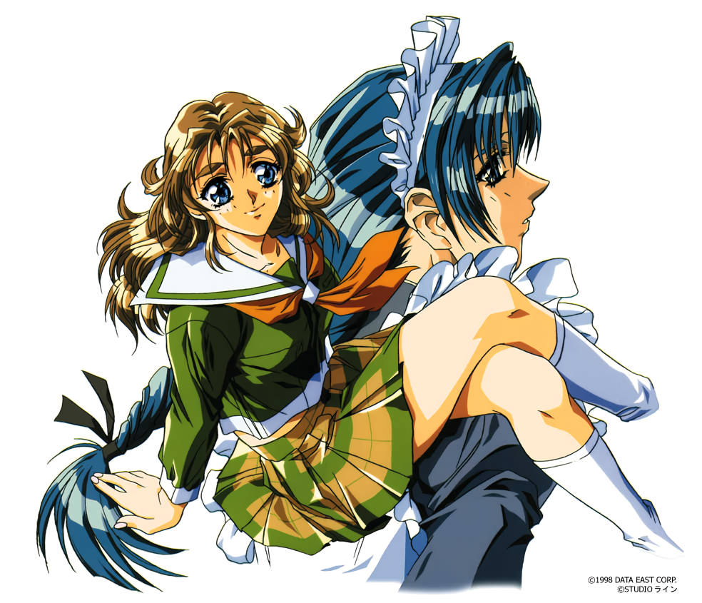 1990s_(style), 2girls, bangs, blue_eyes, blue_hair, brown_hair, copyright, cropped_legs