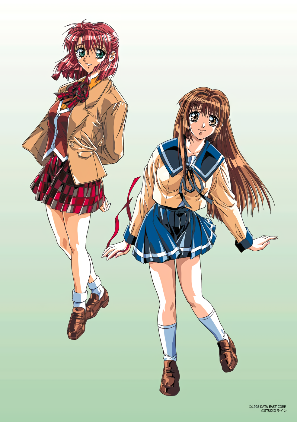 1990s_(style), 2girls, aoki_chisa, arms_behind_back, bangs, blazer, blue_skirt, braid, brown_eyes, brown_footwear, brown_hair, colored_skin, copyright, doukoku_soshite, full_body, gradient, gradient_background, green_background, green_eyes, highres, jacket, loafers, long_hair, long_sleeves, looking_at_viewer, medium_hair, multiple_girls, official_art, open_clothes, open_jacket, parted_lips, plaid, plaid_skirt, pleated_skirt, red_skin, redhead, retro_artstyle, sasamoto_riyo, school_uniform, shoes, skirt, smile, twin_braids, vest, yokota_mamoru