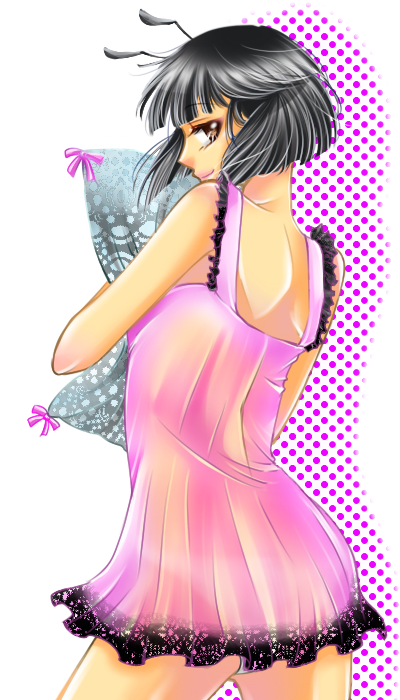 aracco, black_hair, ghost_sweeper_mikami, hug, looking_back, luciola, naughty_face, nightgown