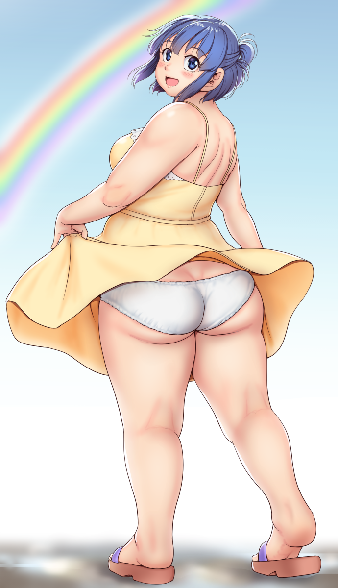 1girl, ass, bangs, blue_eyes, blue_hair, blurry, blurry_background, blush