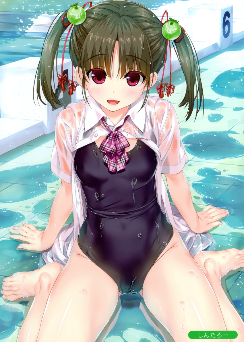 1girl, absurdres, bangs, barefoot, blush, brown_hair, collared_shirt, diving_block