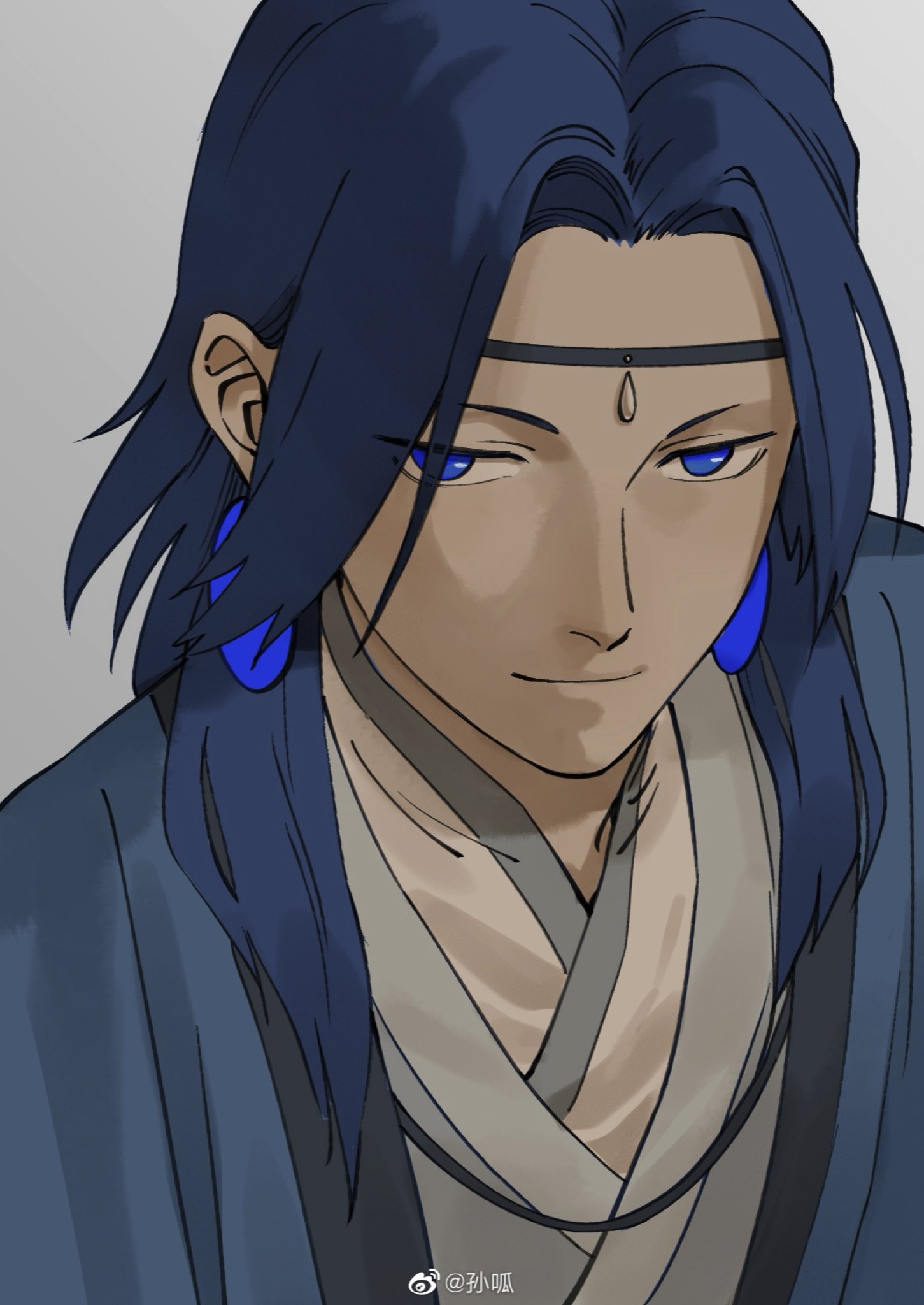 1boy, blue_eyes, blue_hair, earrings, grey_background, guagua_sun, highres, jewelry
