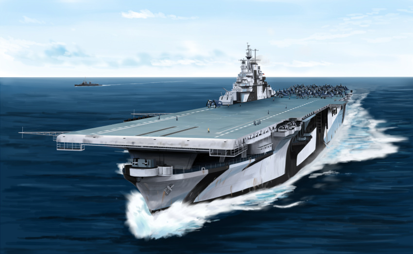 aircraft, aircraft_carrier, airplane, dazzle_paint, highres, military, military_vehicle, mo_yu_de_jiaozi, ocean, original, ship, sky, turret, united_states_navy, uss_intrepid_(cv-11), warship, watercraft, waves, world_war_ii