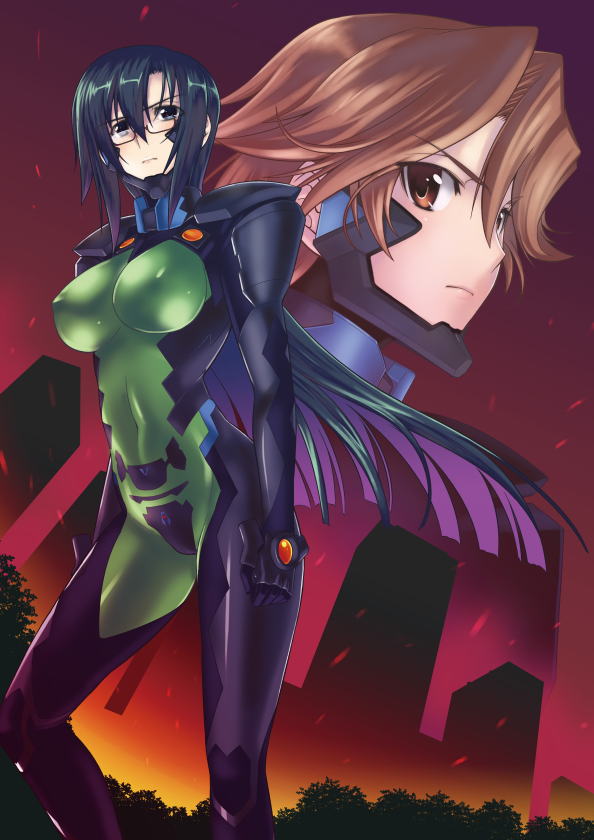 2girls, bag, blue_eyes, brown_eyes, brown_hair, cover, cover_page, covered_navel