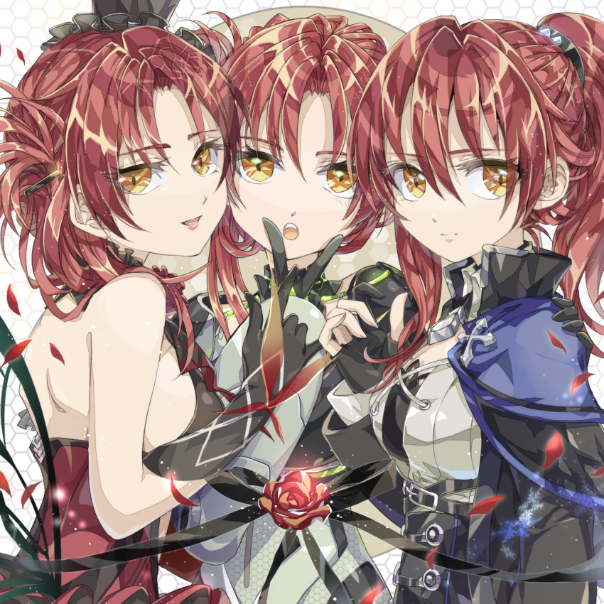 3girls, :d, \m/, alternate_color, backless_dress, backless_outfit, bangs, bare_shoulders