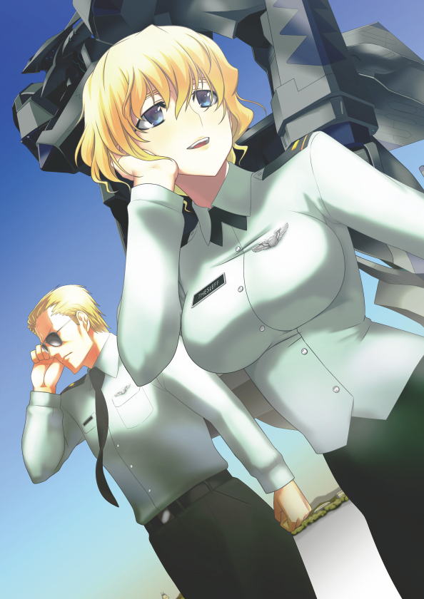 1boy, 1girl, alfred_walken, bangs, belt, black_belt, blue_eyes, breasts
