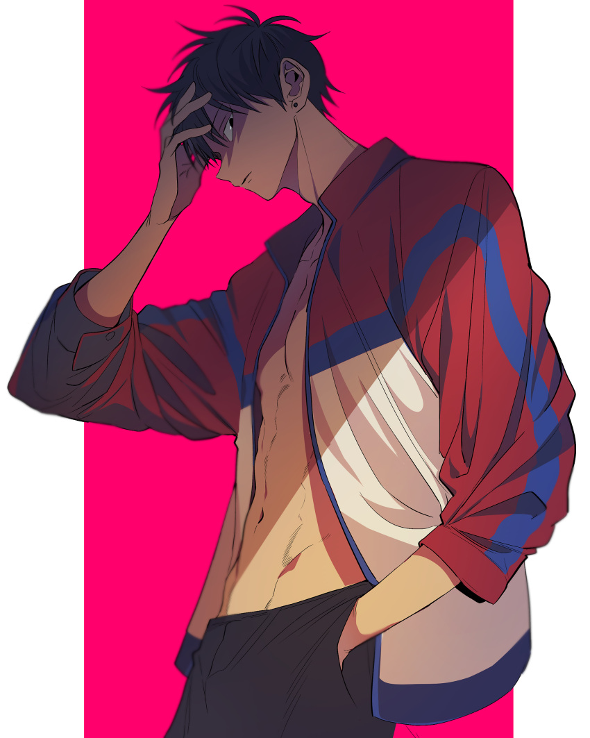 1boy, abs, absurdres, alfi_(tok), black_pants, brown_hair, closed_mouth, commentary