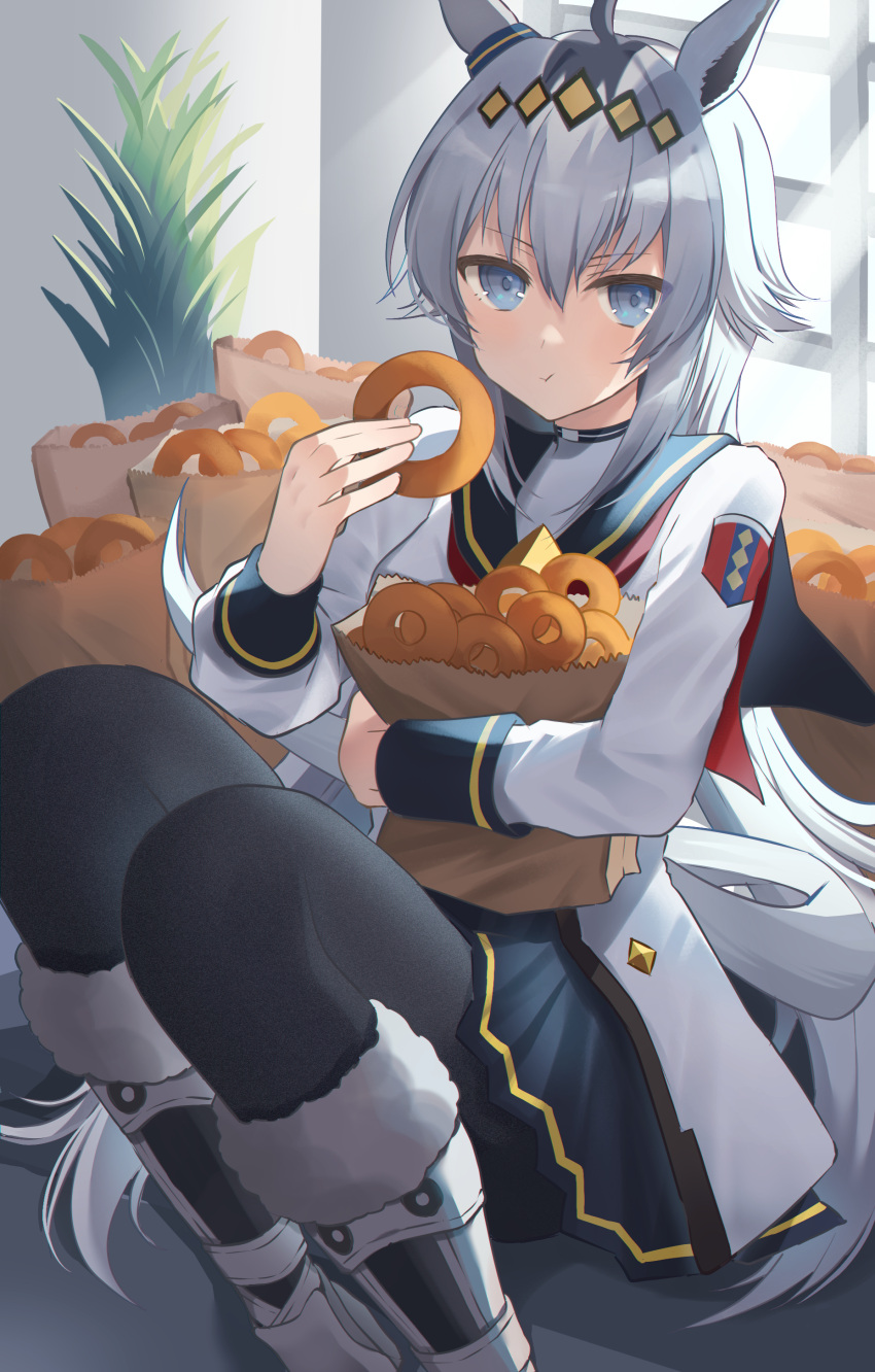 1girl, absurdres, ahoge, animal_ears, blue_eyes, doughnut, ear_ornament, food
