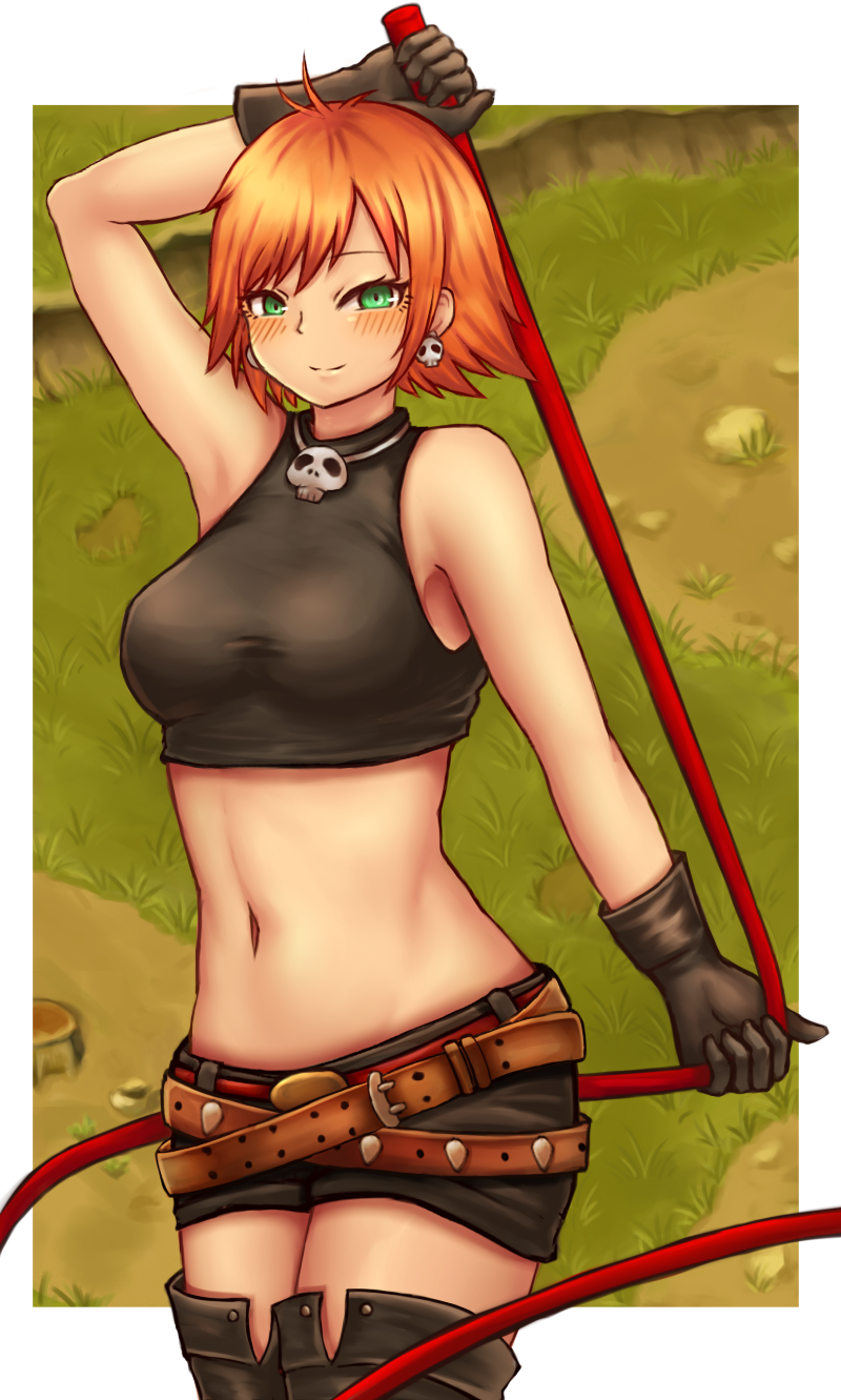 1girl, arm_up, armpits, bangs, bare_shoulders, belt, black_footwear, black_shirt, black_shorts, blush, boots, breasts, brown_belt, closed_mouth, commentary, cowboy_shot, crop_top, cropped_shirt, earrings, gloves, green_eyes, highres, holding, holding_whip, jewelry, looking_at_viewer, medium_breasts, midriff, mila_nebraska, navel, orange_hair, red_belt, shirt, short_hair, short_shorts, shorts, sidelocks, skull_earrings, skull_necklace, sleeveless, sleeveless_shirt, smile, solo, standing, tales_weaver, tarte.k, taut_clothes, taut_shirt, thigh-highs, thigh_boots, weapon, white_background