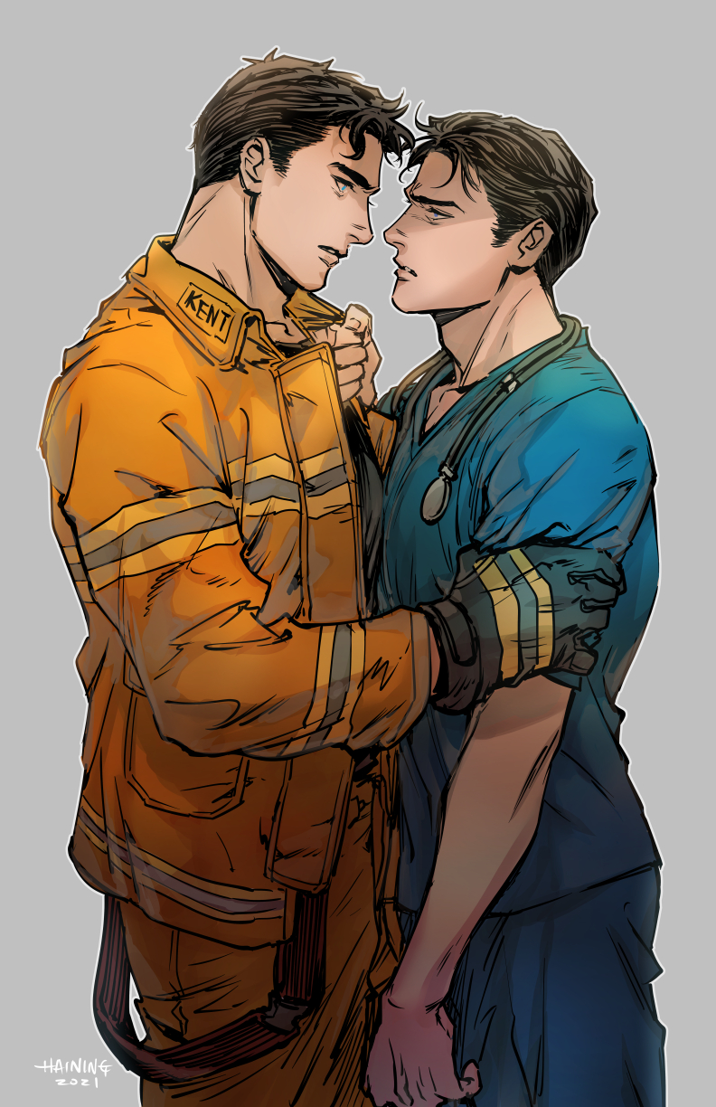2boys, arm_grab, artist_name, batman_(series), black_gloves, black_hair, black_shirt, blue_eyes