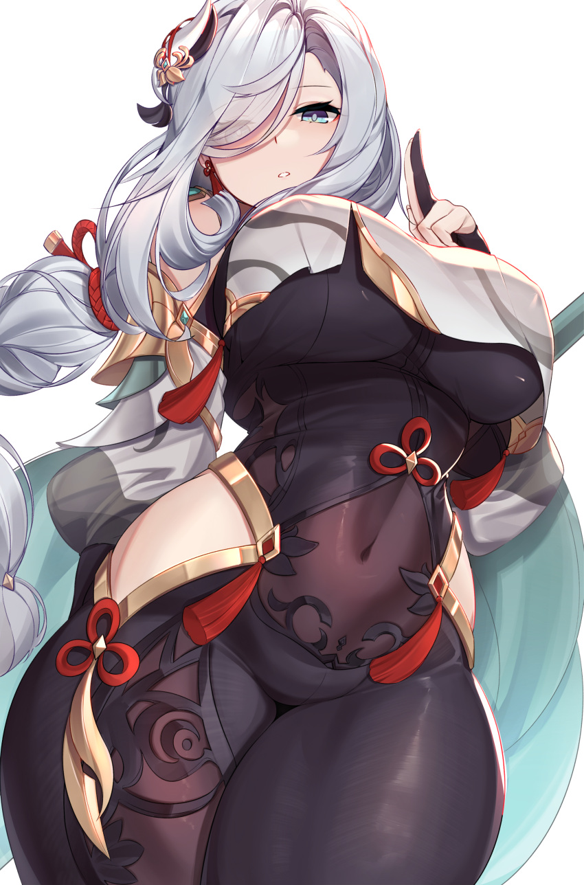 1girl, absurdres, arm_at_side, arm_up, ass_visible_through_thighs, bangs, black_gloves, blue_eyes, blue_nails, blush, bodysuit, breasts, chinese_clothes, closed_mouth, clothing_cutout, commentary_request, covered_navel, covered_nipples, crop_top, crop_top_overhang, earrings, expressionless, eyelashes, genshin_impact, gloves, groin, hair_ornament, hair_over_one_eye, highres, jewelry, large_breasts, long_sleeves, looking_at_viewer, looking_down, mung_(larnec), one_eye_covered, parted_lips, partially_fingerless_gloves, polearm, red_rope, rope, shenhe_(genshin_impact), side_cutout, sidelocks, silver_hair, simple_background, smile, solo, standing, tassel, tassel_earrings, under_boob, weapon, white_background