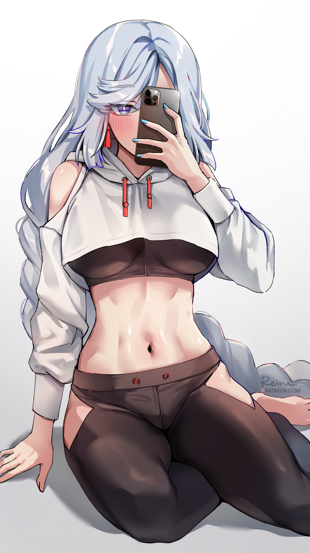 1girl, arm_support, black_pants, black_shirt, braid, breasts, cellphone, clothing_cutout, crop_top, crop_top_overhang, drawstring, earrings, foxyreine, genshin_impact, highres, hip_vent, holding, hood, hood_down, hoodie, iphone, iphone_11_pro, jewelry, large_breasts, long_hair, long_sleeves, looking_at_viewer, midriff, nail_polish, navel, pants, phone, shenhe_(genshin_impact), shirt, shoulder_cutout, single_braid, sitting, smartphone, solo, stomach, undershirt, very_long_hair, violet_eyes, white_hair, white_hoodie, yoga_pants, yokozuwari
