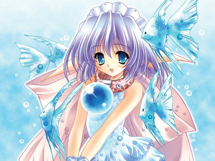 blue_eyes, bubbles, dress, fish, light_hair, smile, underwater