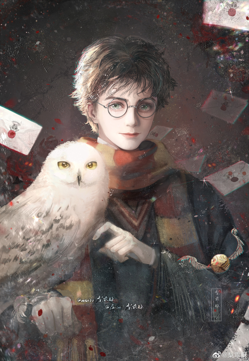 1boy, absurdres, black_hair, blue_eyes, brown_hair, glasses, green_eyes, gryffindor