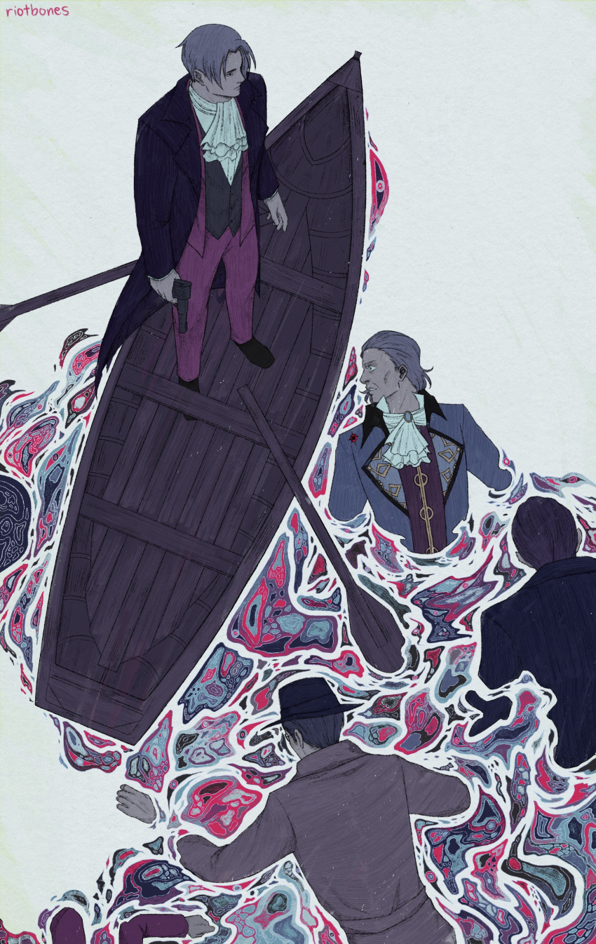 absurdres, ace_attorney, ascot, bangs, boat, coat, cravat, from_above