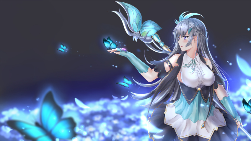 1girl, bare_shoulders, blue_theme, bug, butterfly, butterfly_on_hand, commentary, fingerless_gloves