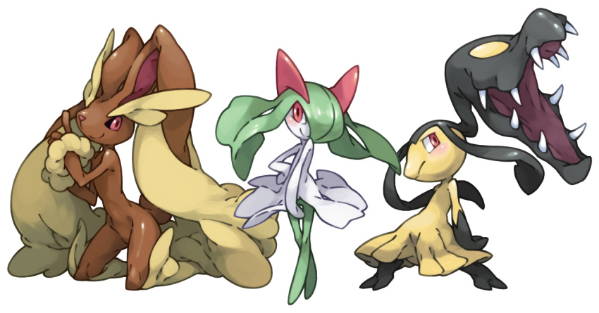3girls, creature, crossed_legs_(standing), eyebrows, fur, hand_on_hip, kirlia, kneeling