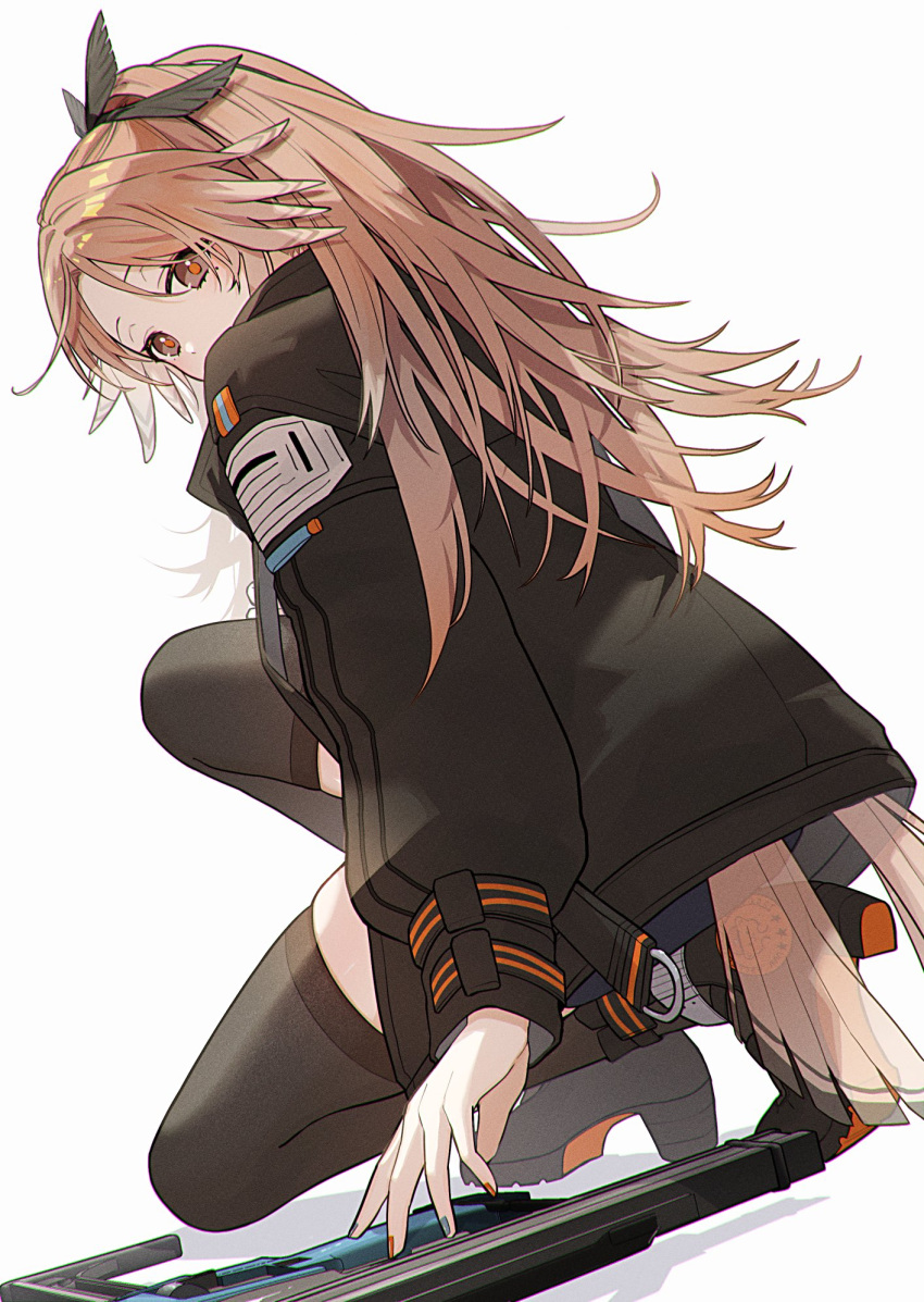 1girl, arknights, bangs, brown_eyes, brown_hair, feather_hair, highres, jacket