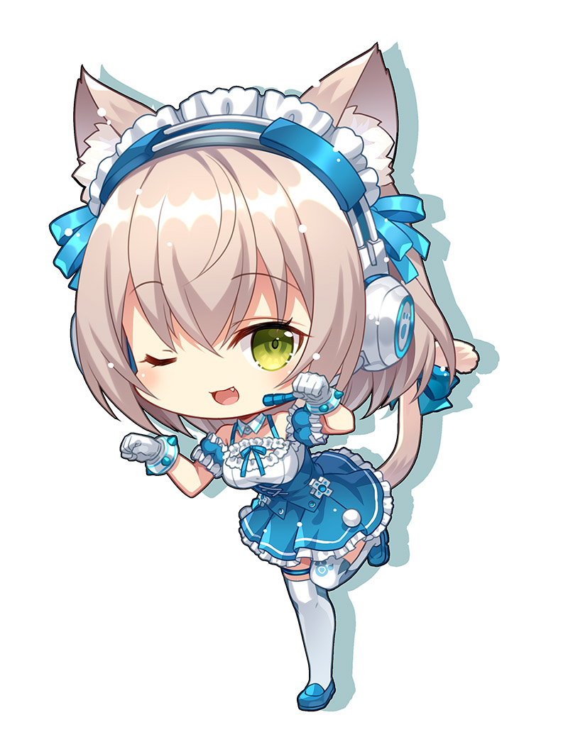 1girl, ;d, animal_ear_fluff, animal_ears, bare_shoulders, blue_footwear, blue_skirt, blue_sleeves