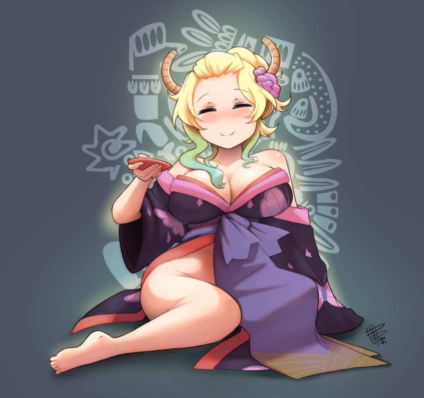 1girl, blush, breasts, dragon_girl, dragon_horns, drunk, horns, japanese_clothes, kimono, kobayashi-san_chi_no_maidragon, large_breasts, lucoa_(maidragon), mateus_upd, multicolored_hair, open_clothes, open_kimono, rainbow_hair, slouching