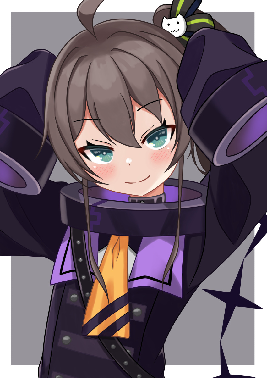1girl, absurdres, ahoge, aqua_eyes, arms_up, black_jacket, blush, border