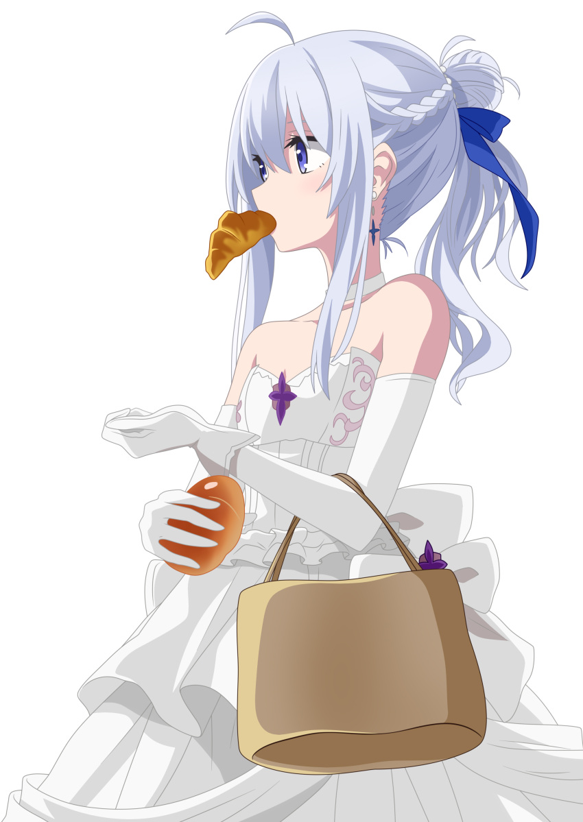 1girl, absurdres, ahoge, alternate_costume, alternate_hairstyle, bag, bare_shoulders, blue_eyes