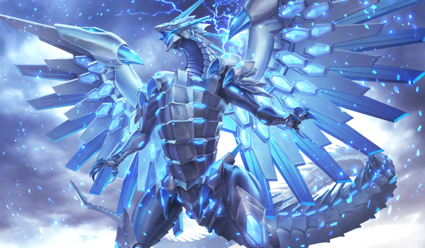 blue-eyes_chaos_max_dragon, blue_eyes, clouds, cloudy_sky, commentary, dragon, duel_monster, electricity