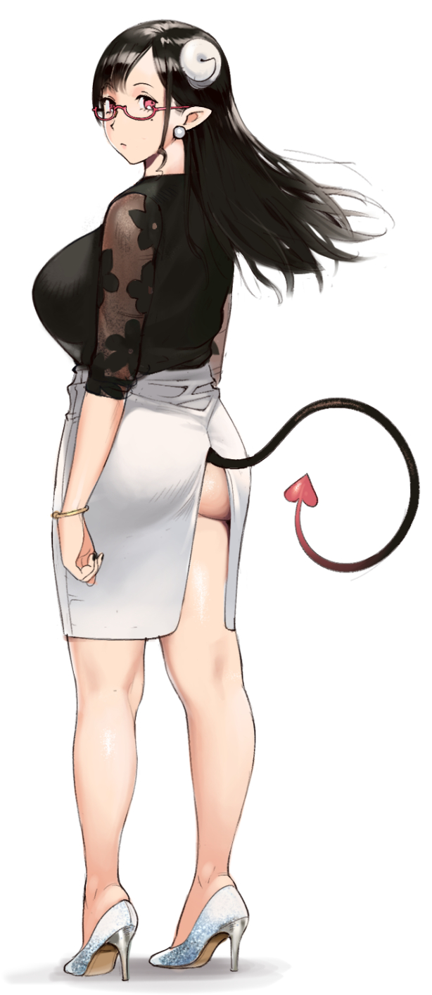 1girl, ass, back_slit, bangs, bare_legs, black_hair, black_shirt, bracelet