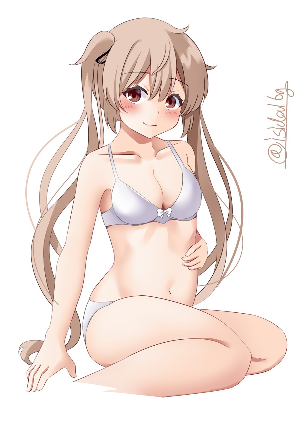 1girl, black_ribbon, blush, bra, breasts, brown_eyes, collarbone, eyebrows_visible_through_hair