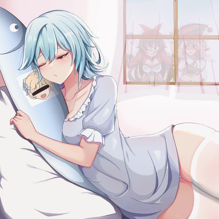 4girls, amber_(genshin_impact), bar_censor, bed, bed_sheet, bedroom, blue_hair, breasts, censored, curtains, eula_(genshin_impact), fish, genshin_impact, highres, hug, indoors, looking_at_viewer, lumine_(genshin_impact), lying, medium_breasts, multiple_girls, one_eye_closed, pajamas, photo_(object), potato_h, smile, thigh-highs, white_legwear, window, yanfei_(genshin_impact), yuri