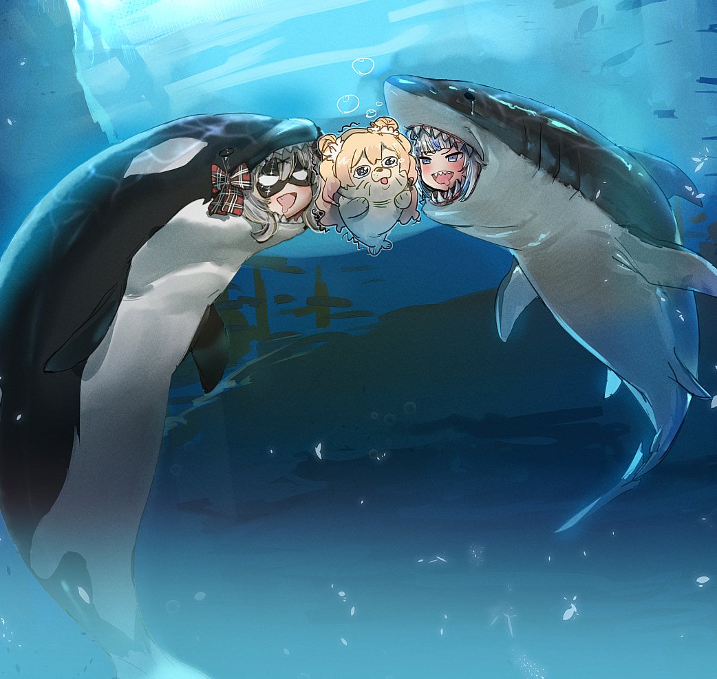 3girls, :d, blonde_hair, bow_(bhp), commentary, double_bun, drooling, eye_mask