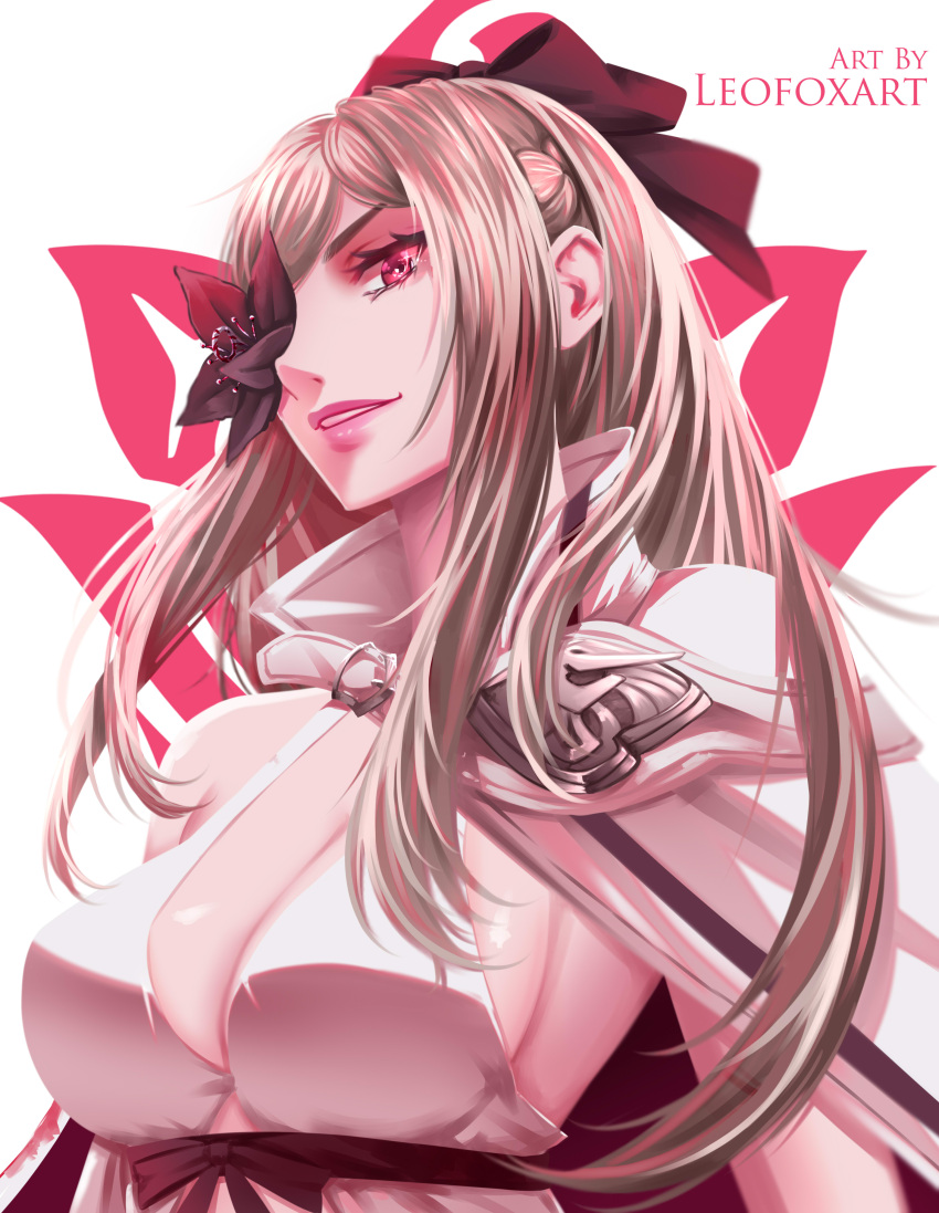1girl, absurdres, artist_name, black_bow, black_flower, bow, breasts, buckle