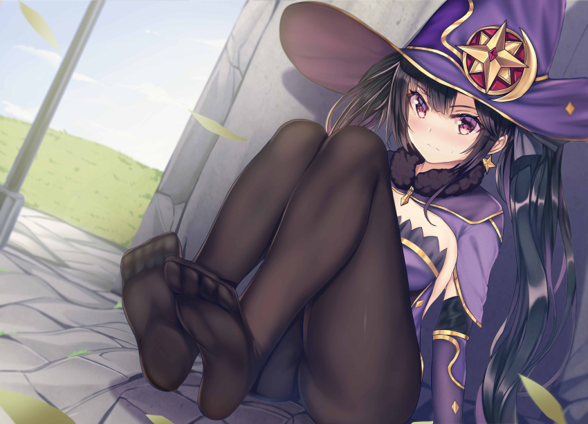 1girl, absurdres, bangs, black_hair, black_legwear, blush, capelet, closed_mouth, day, detached_sleeves, dutch_angle, floating_hair, genshin_impact, hair_between_eyes, hat, highres, long_hair, long_sleeves, mona_(genshin_impact), outdoors, pantyhose, purple_capelet, purple_headwear, purple_sleeves, red_eyes, shiny, shiny_hair, sitting, solo, strapless, sweatdrop, twintails, very_long_hair, white_(user_gpgw2383), witch_hat
