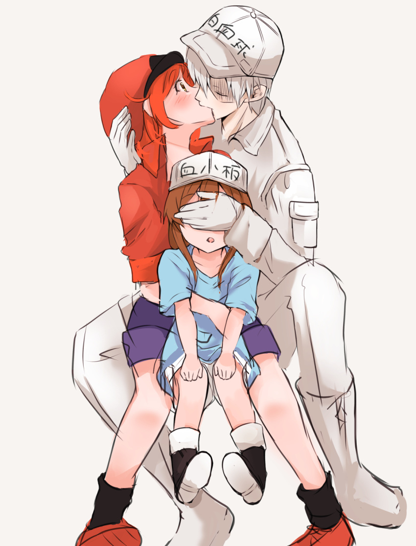 1boy, 2girls, ae-3803, baseball_cap, black_legwear, blue_shirt, blue_shorts, blush
