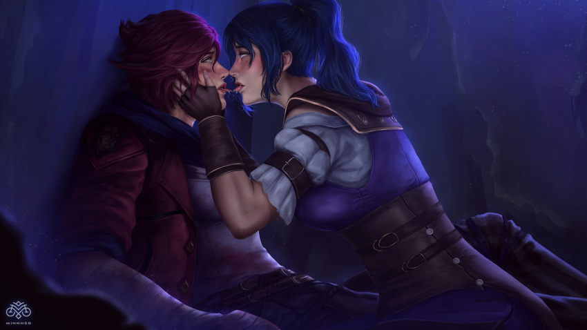 2girls, ahegao, arcane:_league_of_legends, artist_name, bangs, black_gloves, breasts, caitlyn_(league_of_legends)