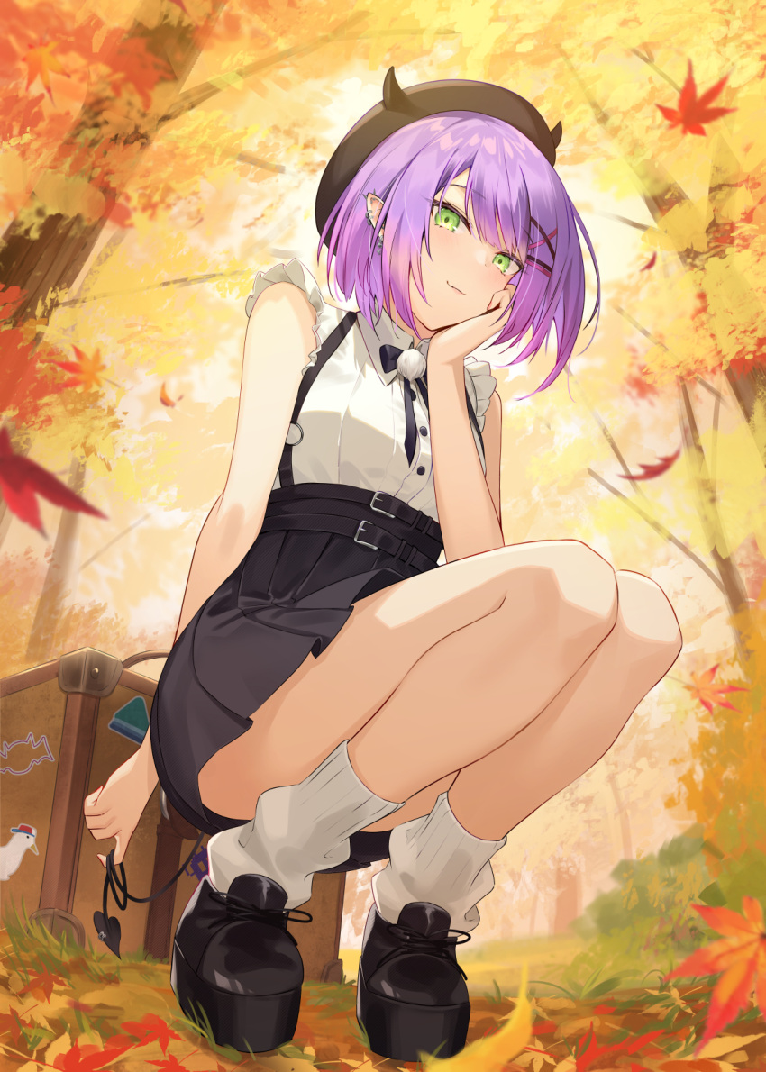 1girl, autumn, autumn_leaves, bangs, beret, black_bow, black_bowtie, black_footwear