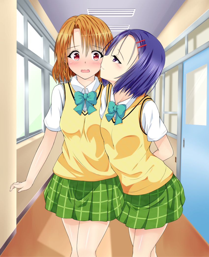 2girls, blush, brown_hair, closed_eyes, commentary_request, harusame_kiruke, highres, kiss, kissing_cheek, looking_at_another, momioka_risa, multiple_girls, open_mouth, purple_hair, red_eyes, sainan_high_school_uniform, sairenji_haruna, school_uniform, short_hair, to_love-ru, yuri