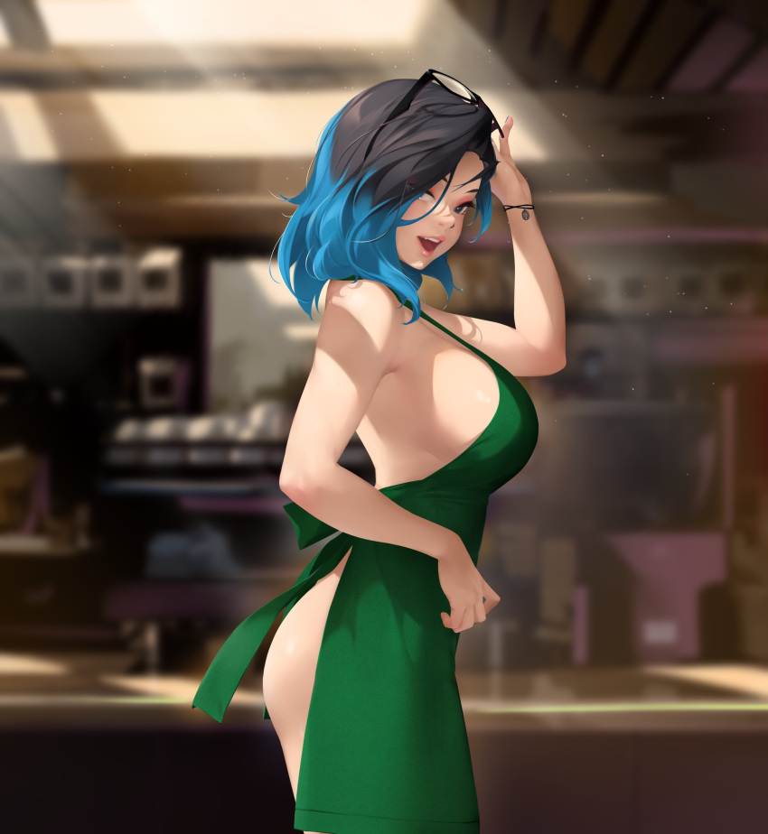 1girl, apron, arm_up, ass, black-framed_eyewear, black_hair, blue_eyes, blue_hair