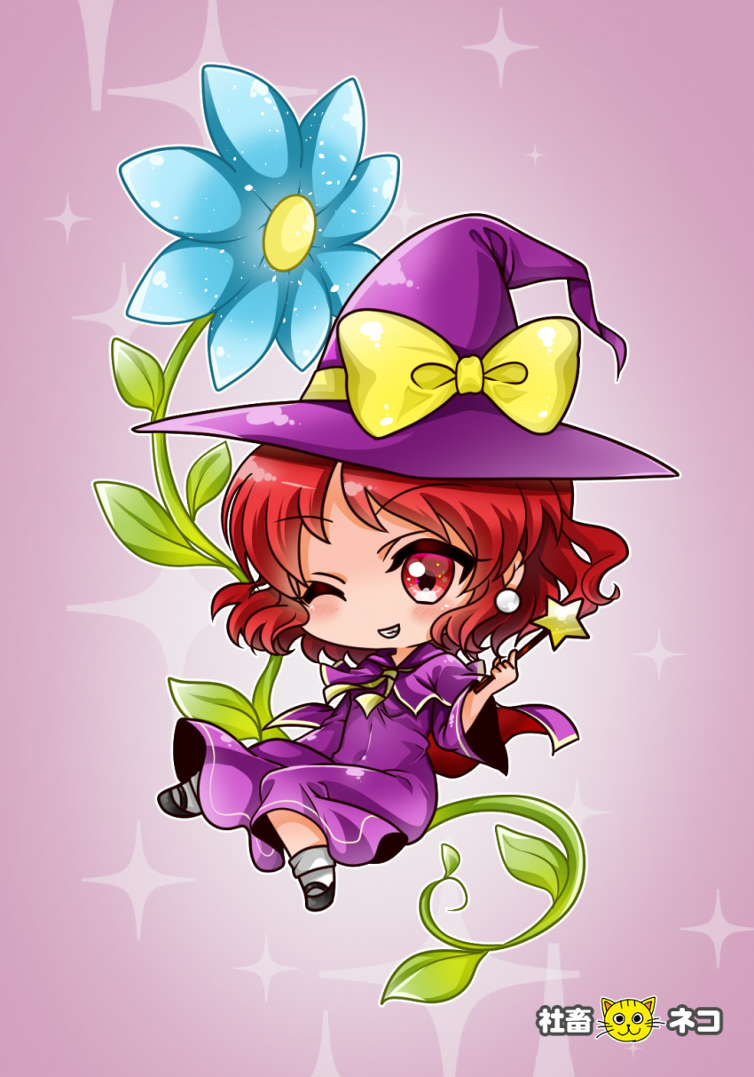 1girl, bangs, black_footwear, blue_flower, bow, breasts, capelet, chibi
