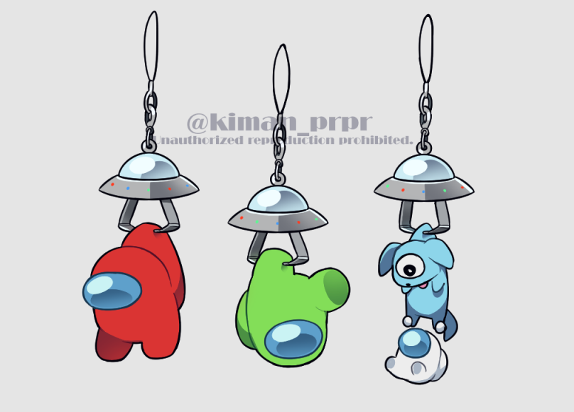 3others, ambiguous_gender, among_us, bag_charm, charm_(object), commentary_request, crewmate_(among_us), disembodied_limb, dog, kiman, lime_(among_us), mini_crewmate_(among_us), multiple_others, red_(among_us), simple_background, space_helmet, spacesuit, twitter_username, ufo