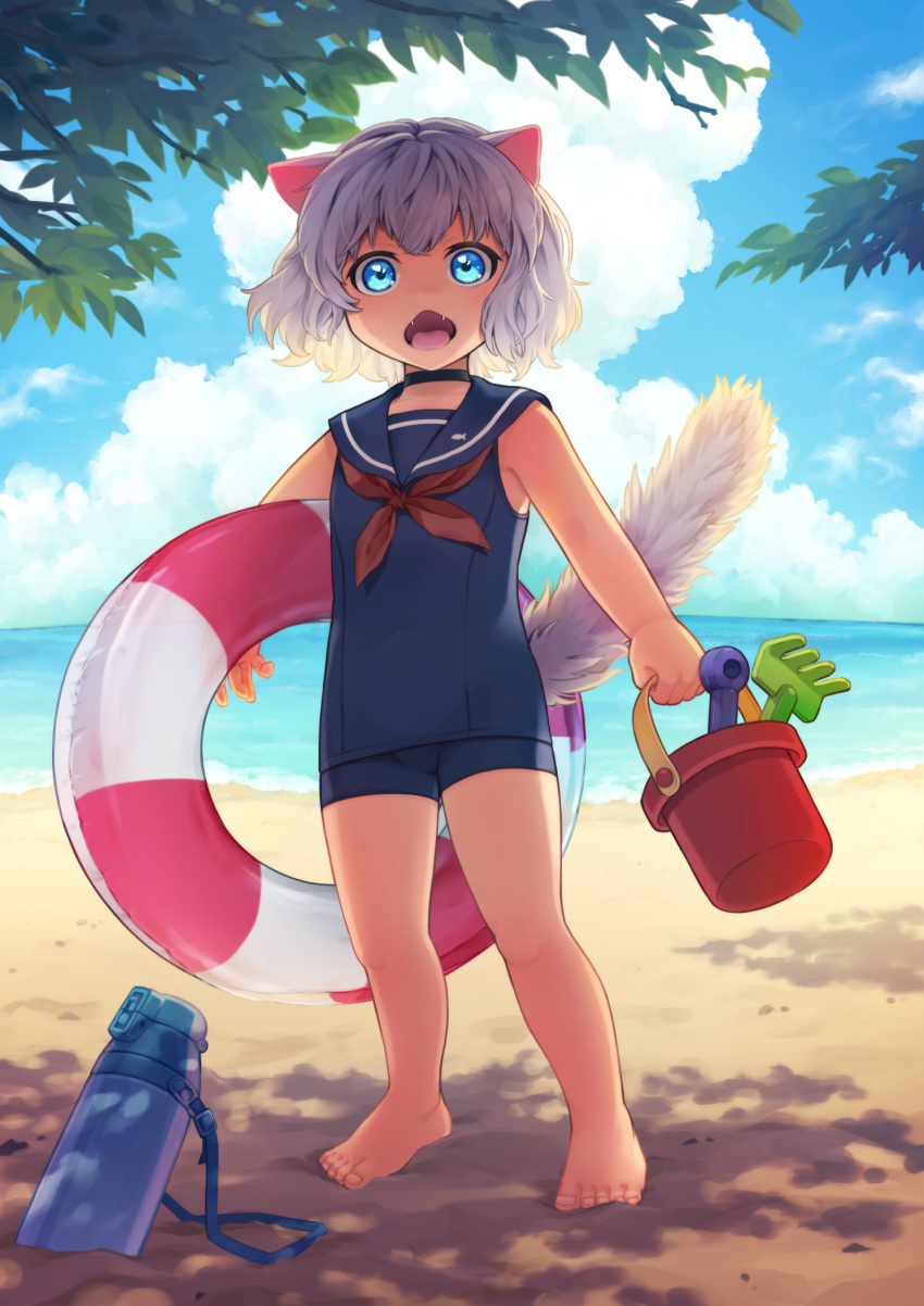 1girl, abiko_yuuji, animal_ears, bangs, bare_legs, barefoot, beach, black_choker