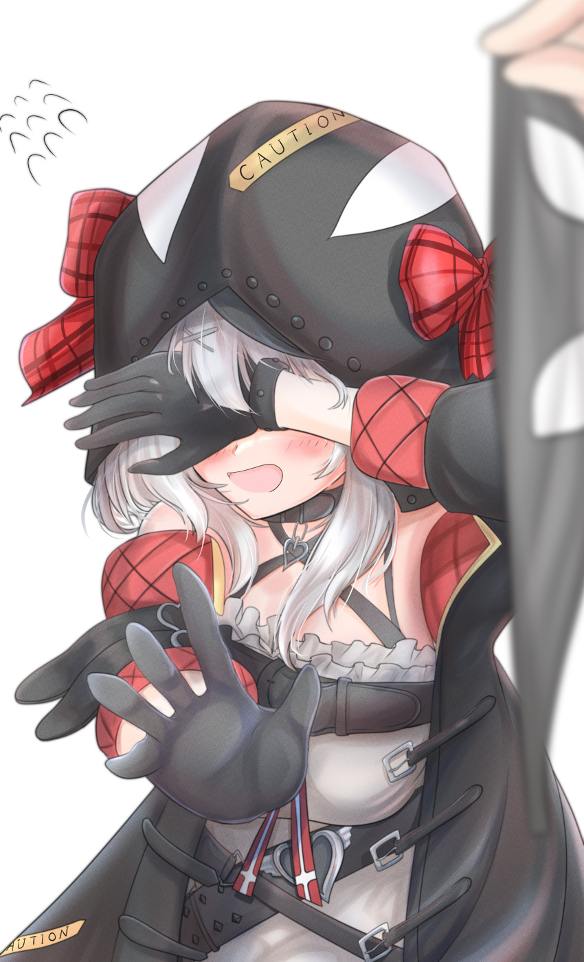 1girl, absurdres, animal_hood, asuka_kakizaki, belt, black_gloves, blush, embarrassed, flying_sweatdrops, gloves, grey_hair, highres, hololive, hood, hood_up, hoodie, open_mouth, sakamata_chloe, simple_background, virtual_youtuber, white_background