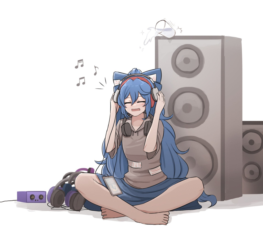 1girl, amplifier, blue_bow, blue_hair, blue_ribbon, blue_skirt, bow, commentary