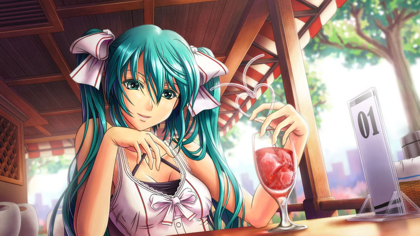 aqua_hair, bow, breasts, cleavage, drink, glass, hair_bow, hair_ribbon